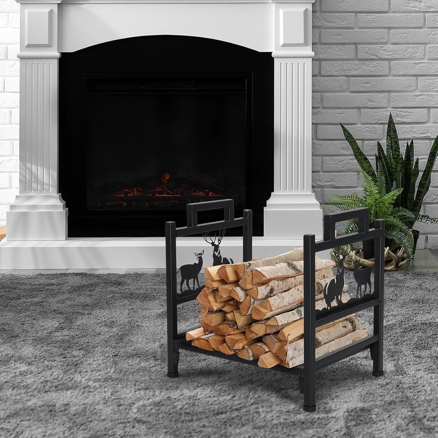 Firewood Log Holder Indoor Outdoor Rack Black Steel Sturdy Elk Design