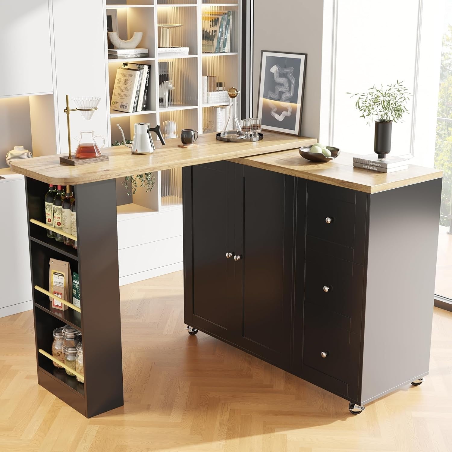 360° Swivelling Extendable Breakfast Bar Table Black with Storage Black