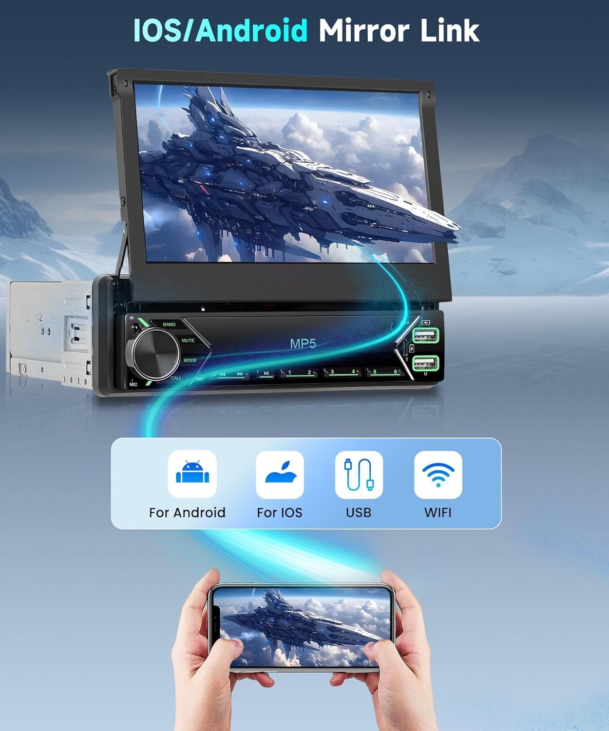 7" Electric Flip-Out Car Stereo Wireless CarPlay Android Auto DAB+