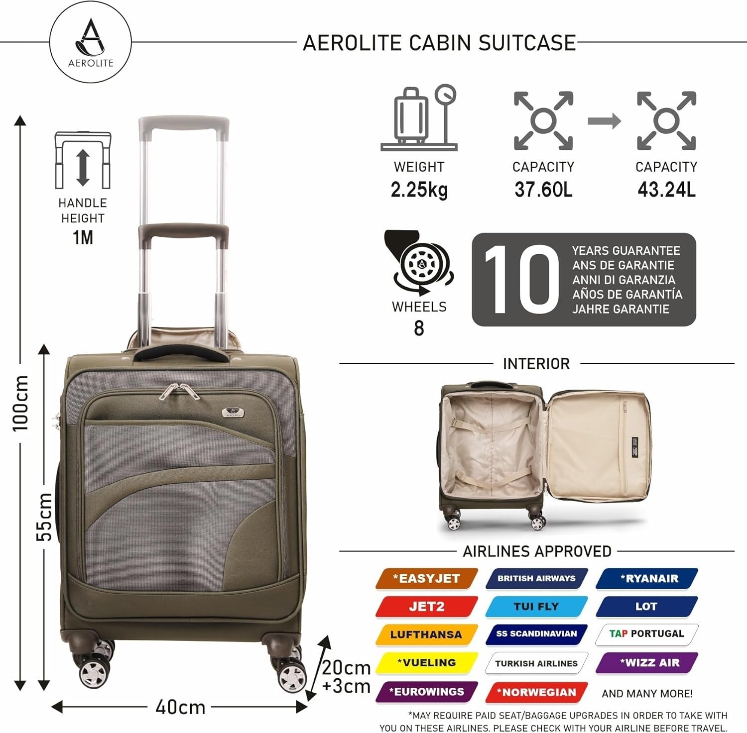 Expandable Cabin Suitcase 55x40x20 Lightweight Carry On 4 Wheel Ryanair