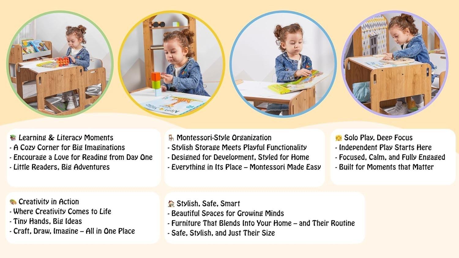Kids Square Table & 2 Chairs Set MDF Natural Wood-Look, Safe Durable Play