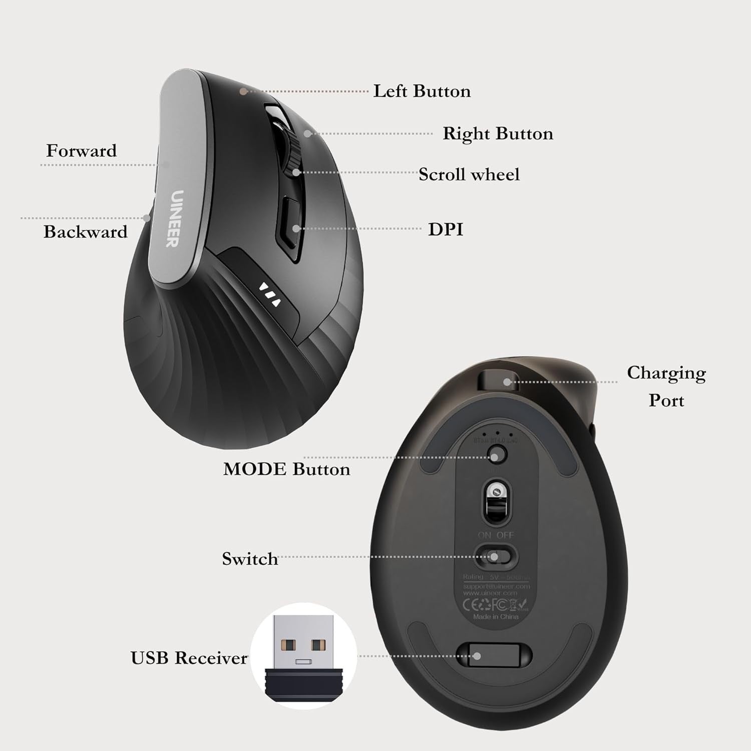 Vertical Ergonomic Wireless Mouse Bluetooth Rechargeable Black