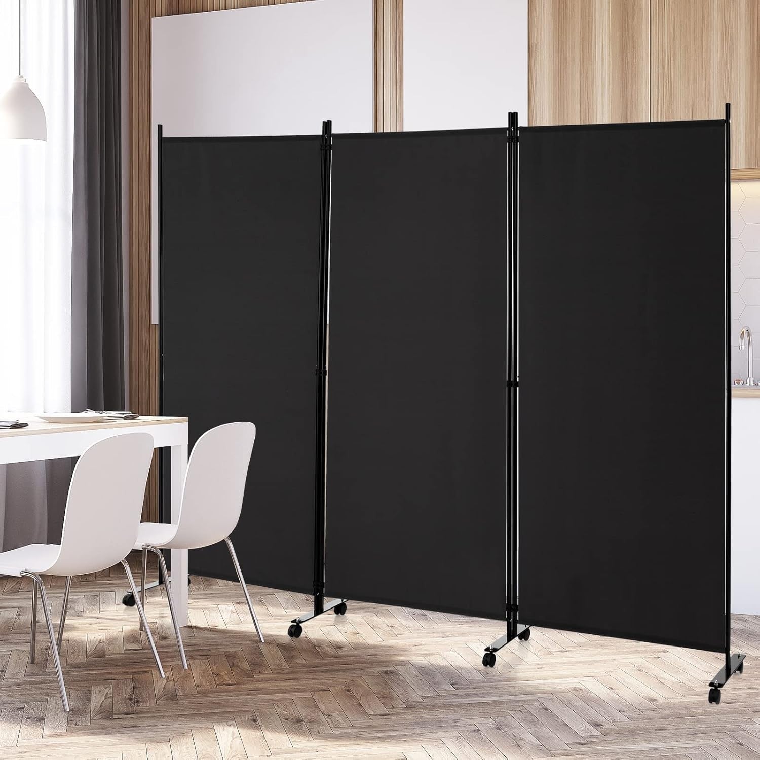 3 Panel Black Folding Room Divider Privacy Screen on Wheels for Home Office Use