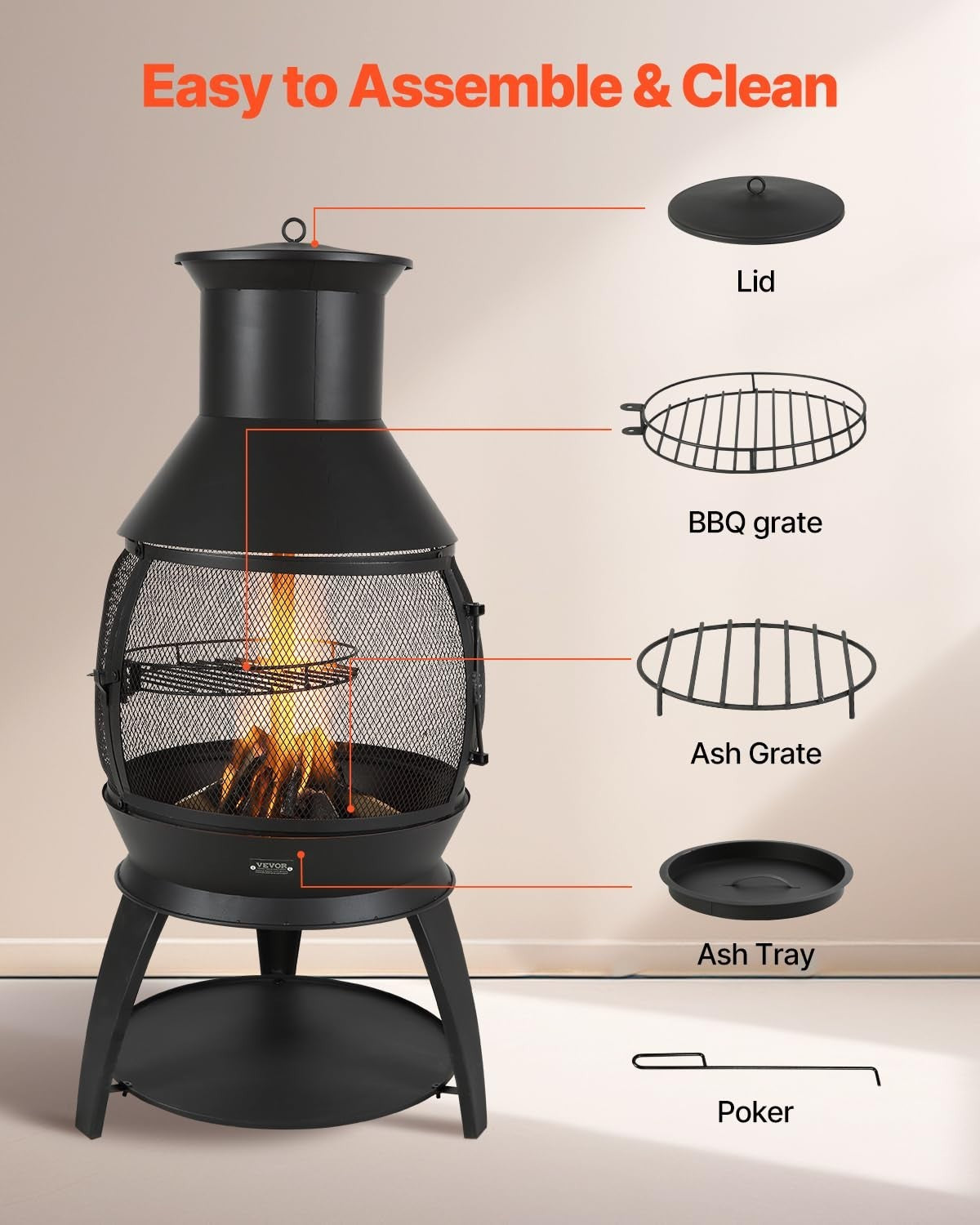 Outdoor Wood Burning Chiminea Fire Pit with Grill Mesh & Chimney Patio Heater
