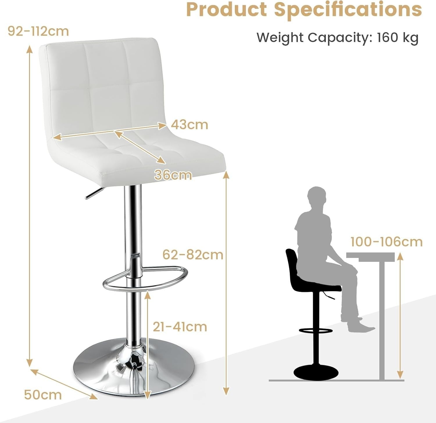 Set of 2 Adjustable White PU Leather Bar Stools with Swivel & Footrest