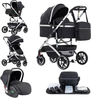 3 in 1 Baby Stroller Travel System Pushchair Carrycot Car Seat Black