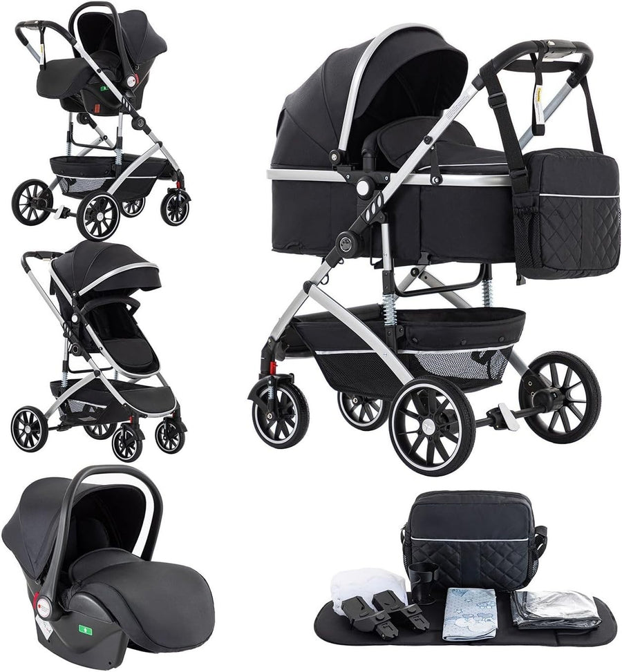 3 in 1 Baby Stroller Travel System Pushchair Carrycot Car Seat Black