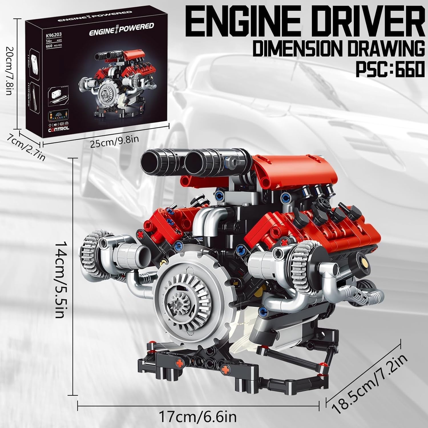 App-Controlled V8 Engine Building Kit STEM Toy for Kids & Adults, 665 Pieces
