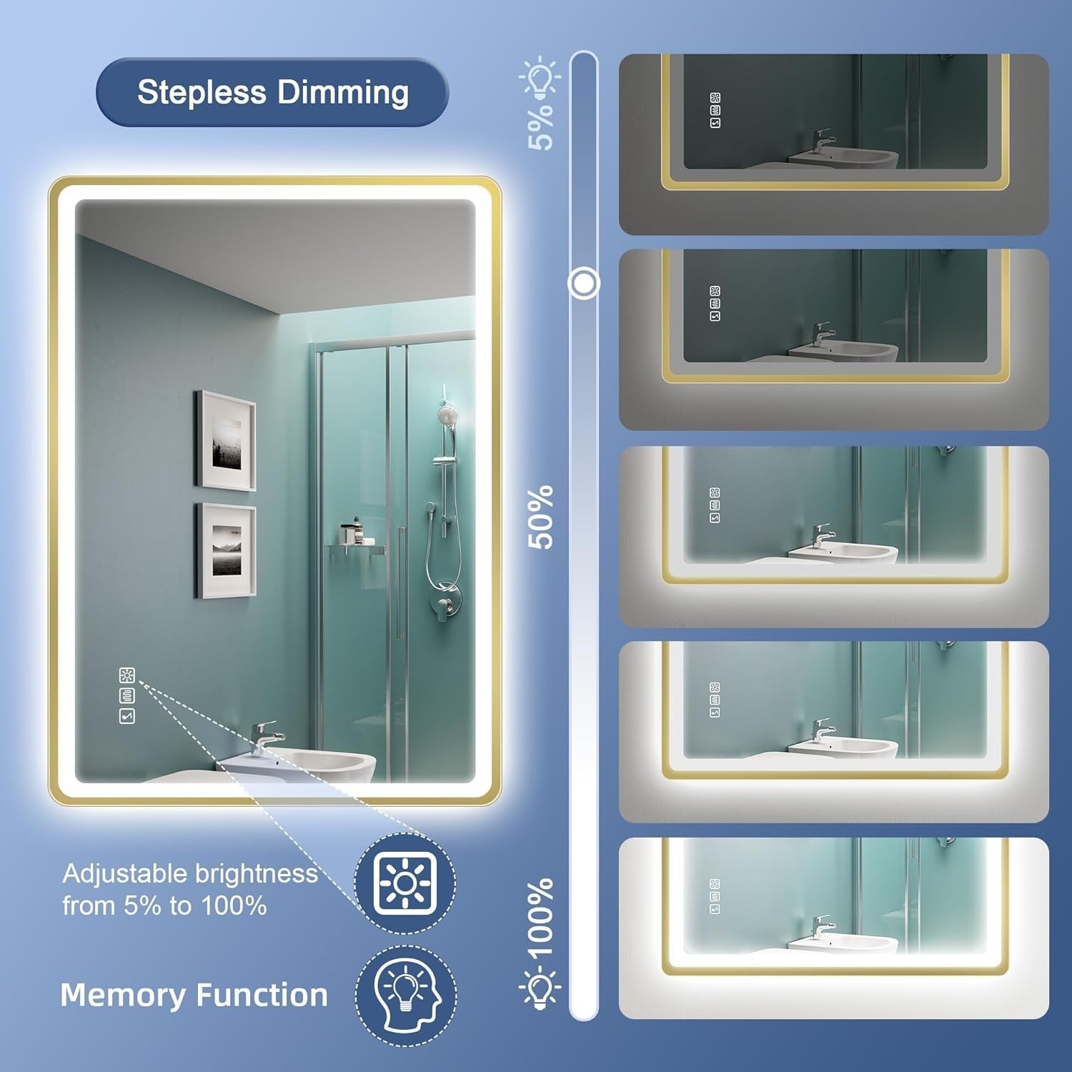 LED Bathroom Mirror 70x100 cm Gold Frame, Bluetooth, Anti-Fog, Dimmable