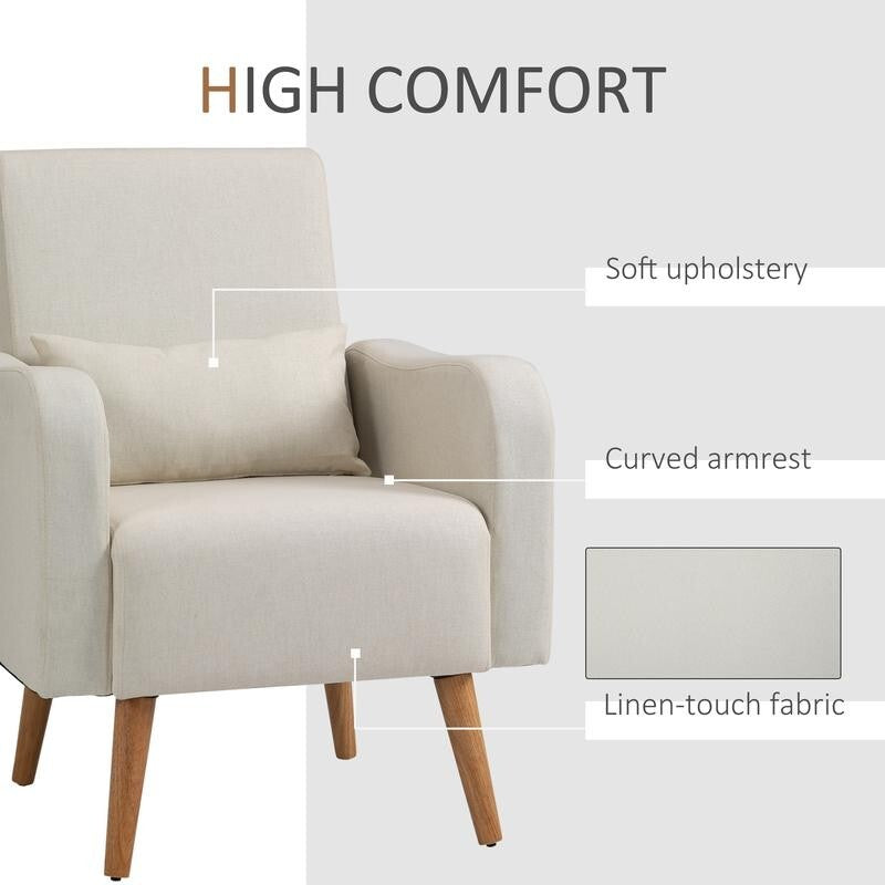 Cream Linen Accent Armchair Wooden Legs Lounge Chair Padded Seat Home Sofa