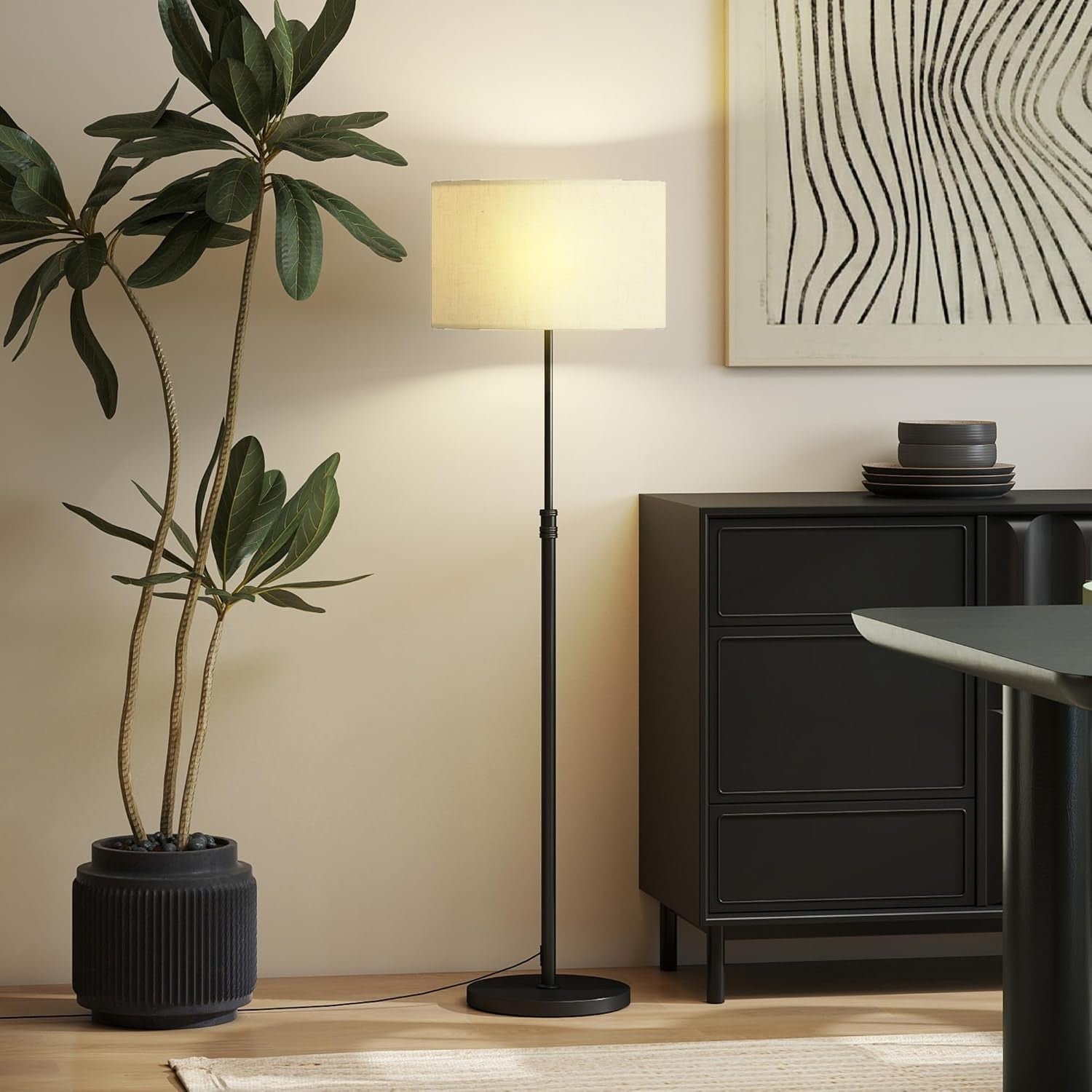 Dimmable Floor Lamp with Remote Height Adjustable Linen Shade Living Room