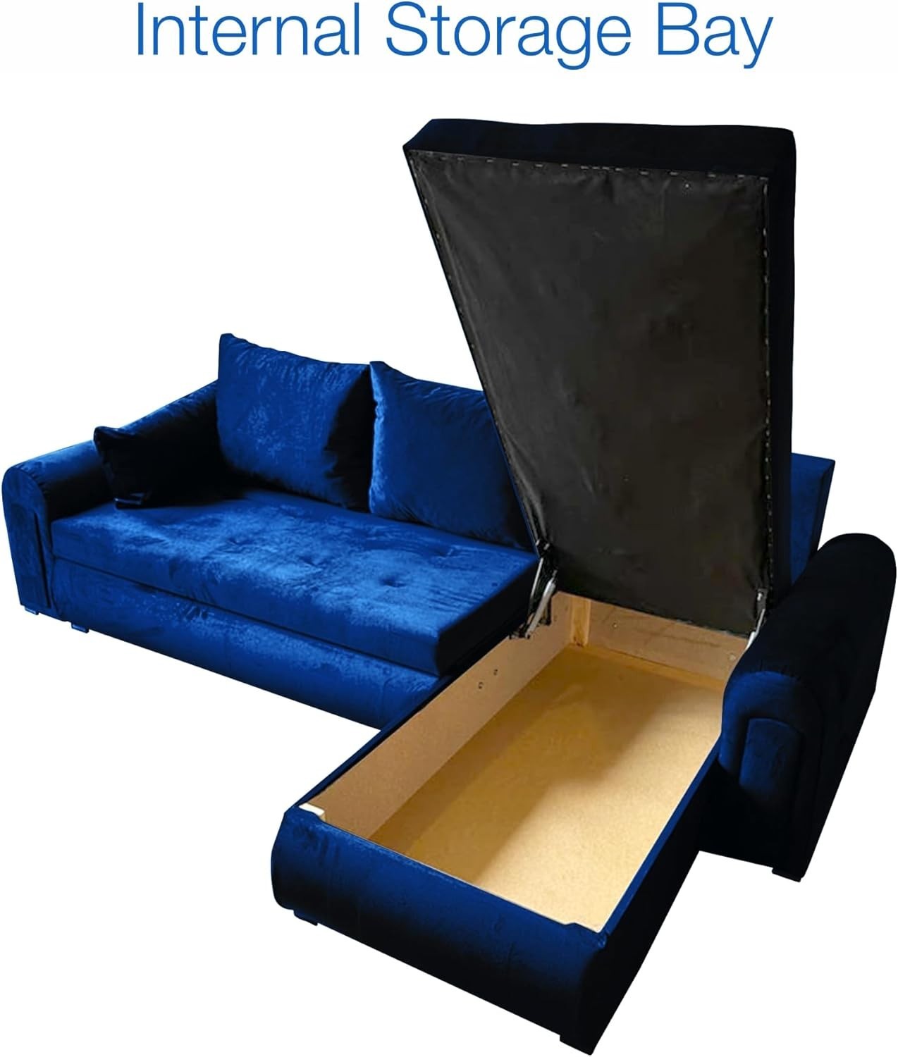Blue Velvet L-Shape Sofa Bed with Storage & Reversible Chaise – 4 Seater