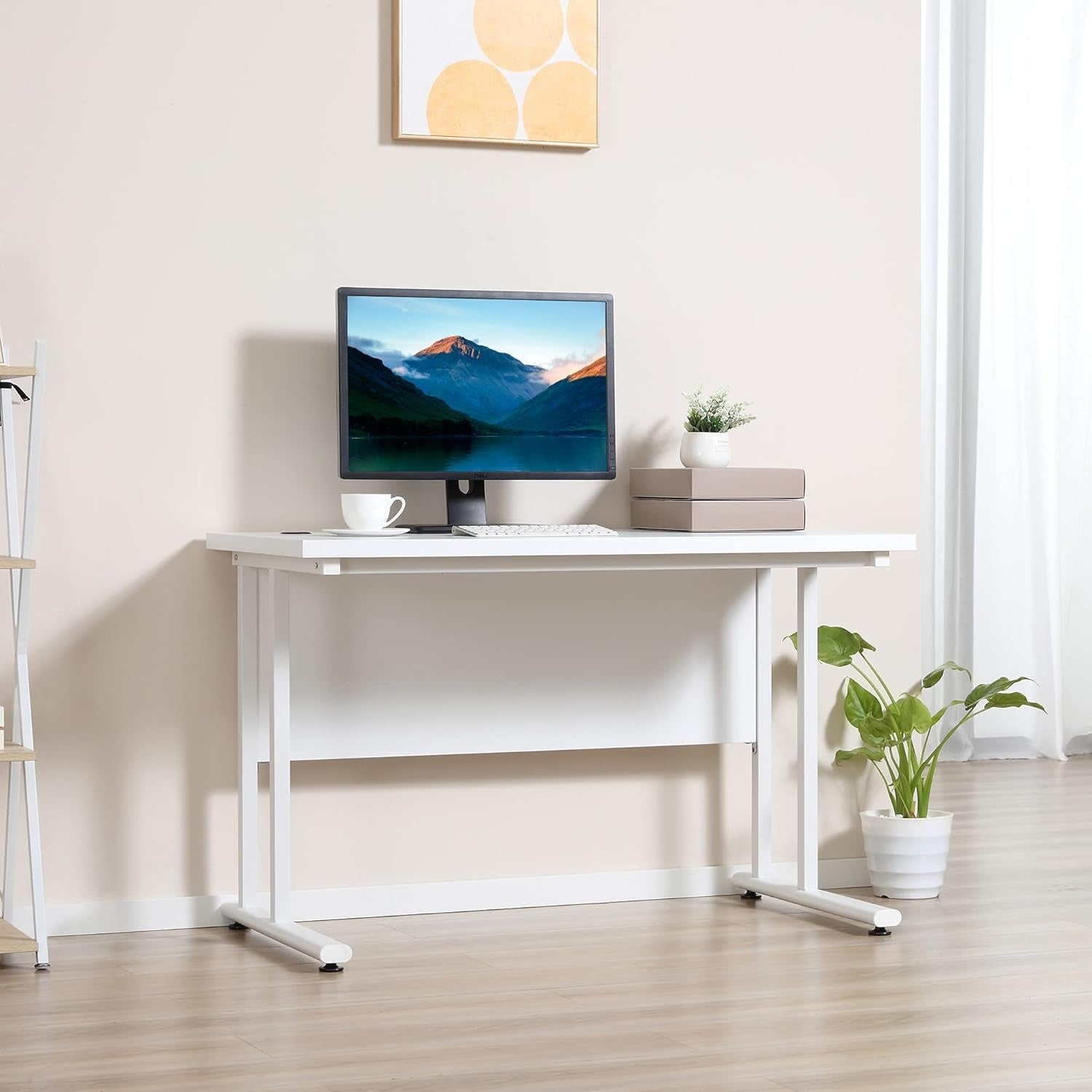 White 120x60cm Computer Desk w/Cable Holes, Metal Legs & Adjustable Feet