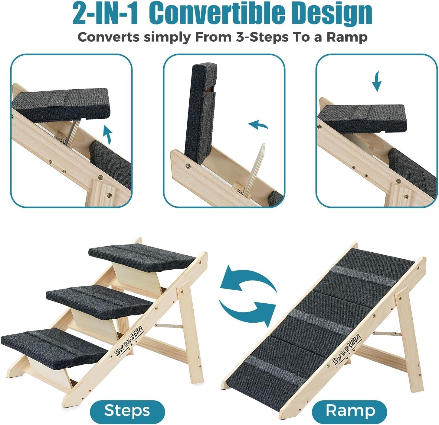 2-in-1 Foldable Pet Stairs & Ramp Carpeted 3-Tier Dog Cat Ladder