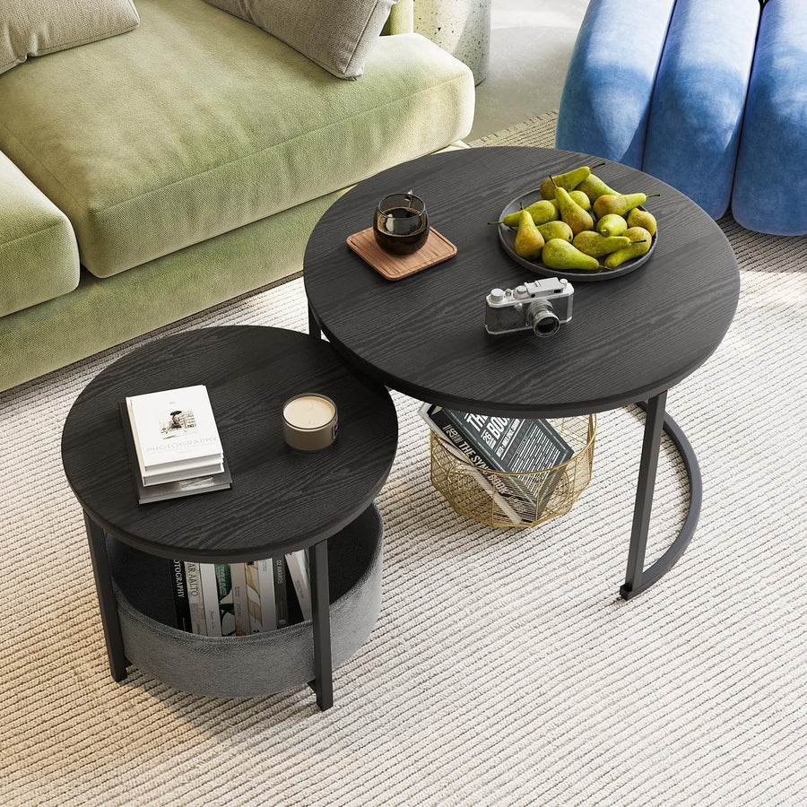 Nesting Coffee Table Set Black Round Side End Tables Modern Metal Frame (77 Char