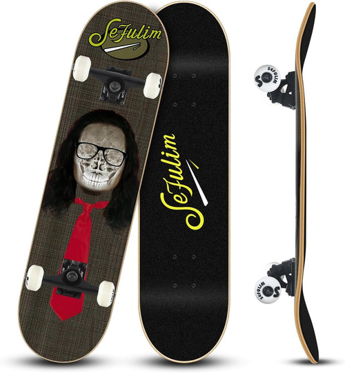 31in Maple Skateboard Complete Double Kick Trick Board Skull Design