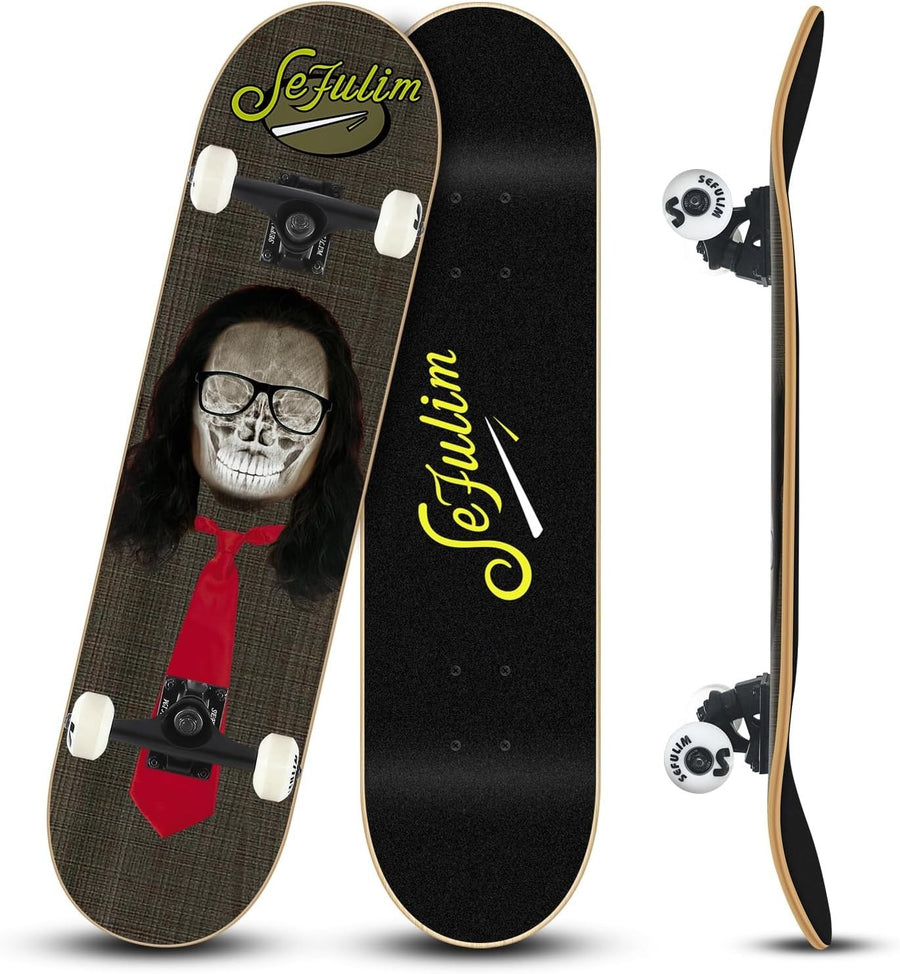 31in Maple Skateboard Complete Double Kick Trick Board Skull Design