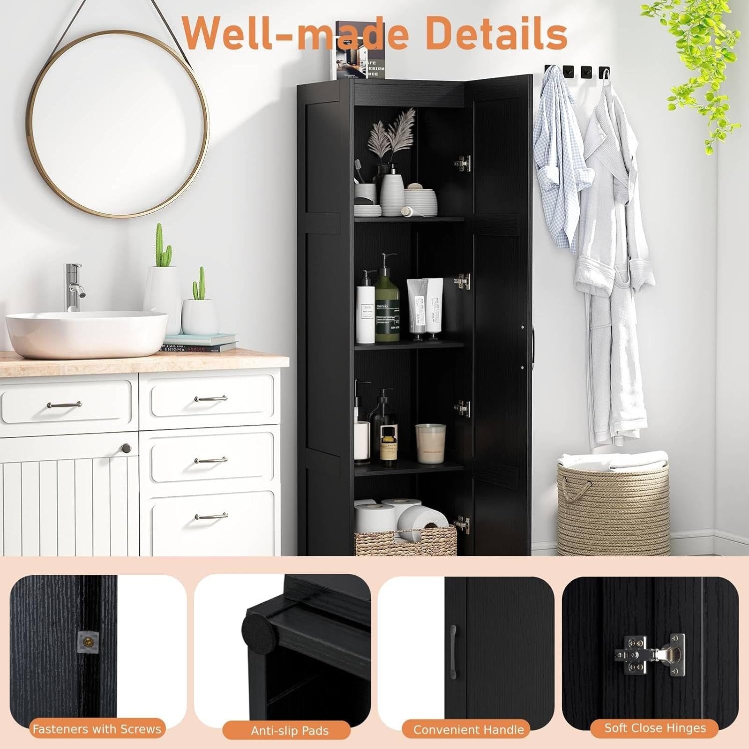 Tall Black Kitchen Cupboard 4 Tier Wooden Storage Cabinet Organizer Unit