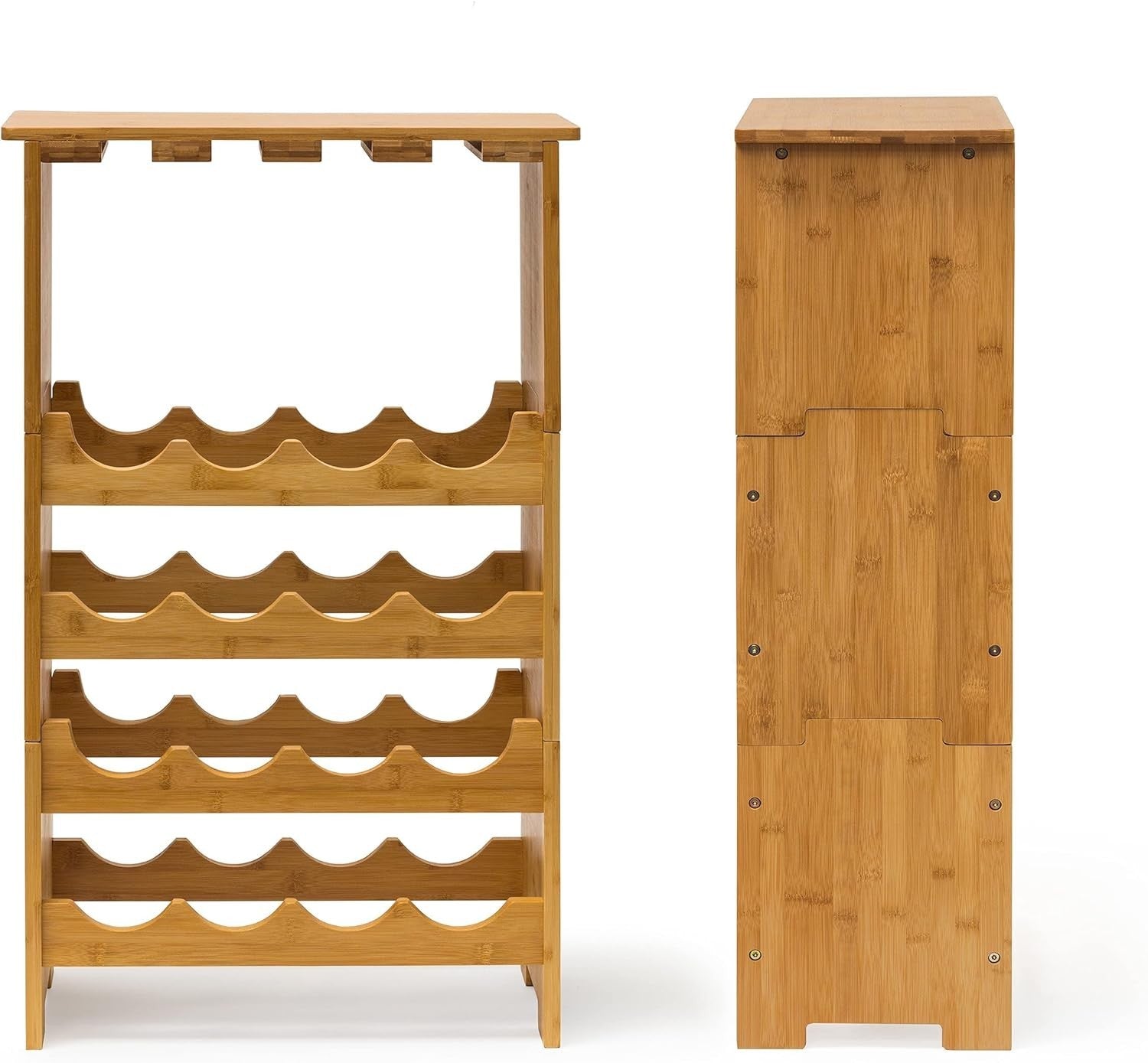 Bamboo Wine Rack with Glass Holder Shelf | Holds 16 Bottles & 12 Glasses