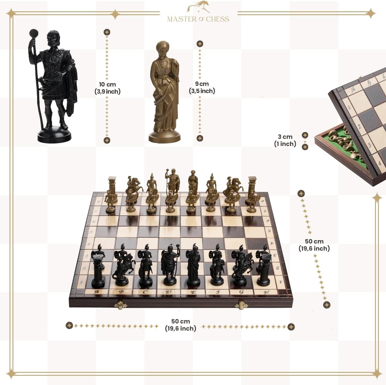 50cm Sparta Chess Set Weighted Pieces Large Wooden Board Greek Army Theme