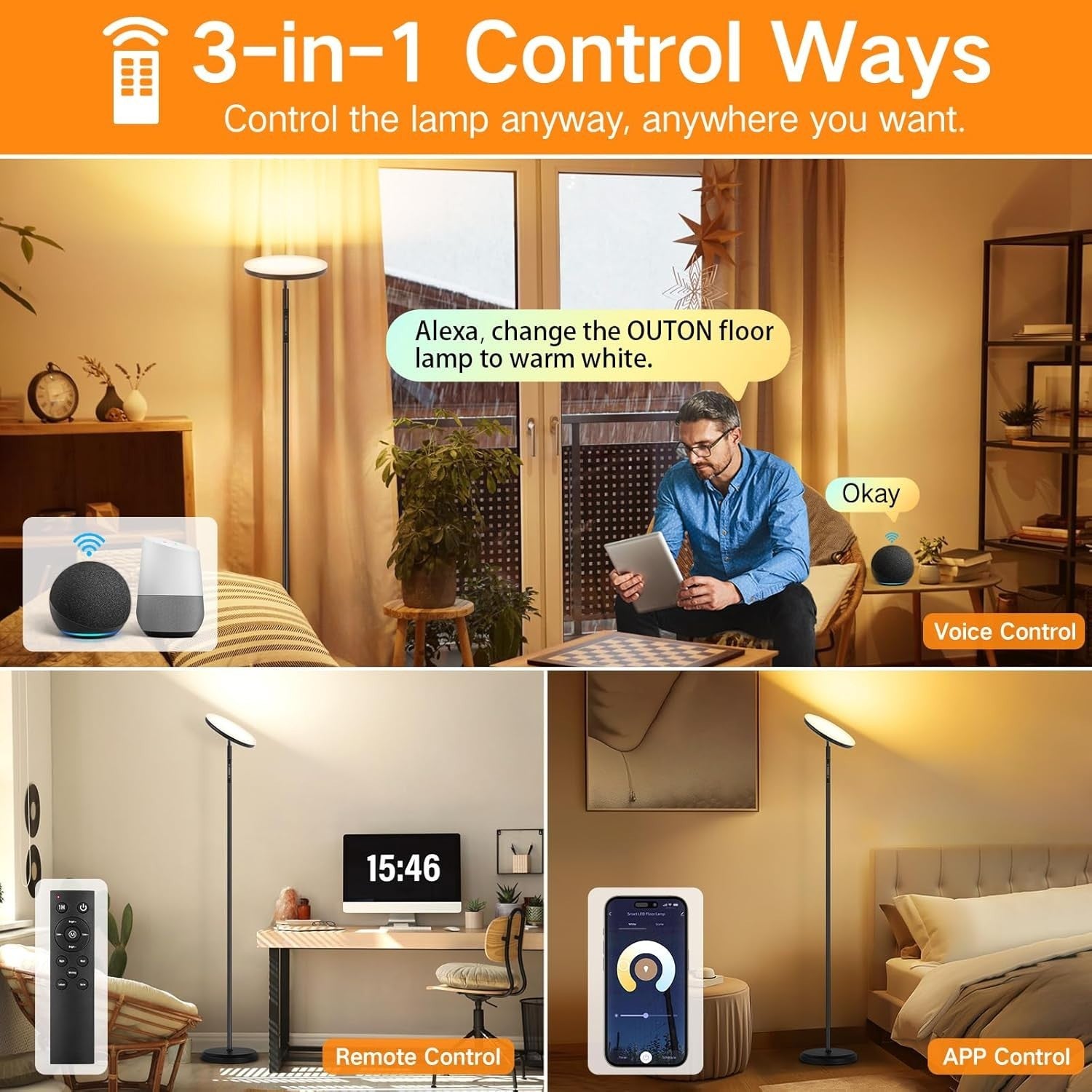 Dimmable Smart LED Floor Lamp with Alexa, WiFi Remote & 4 Color Temps