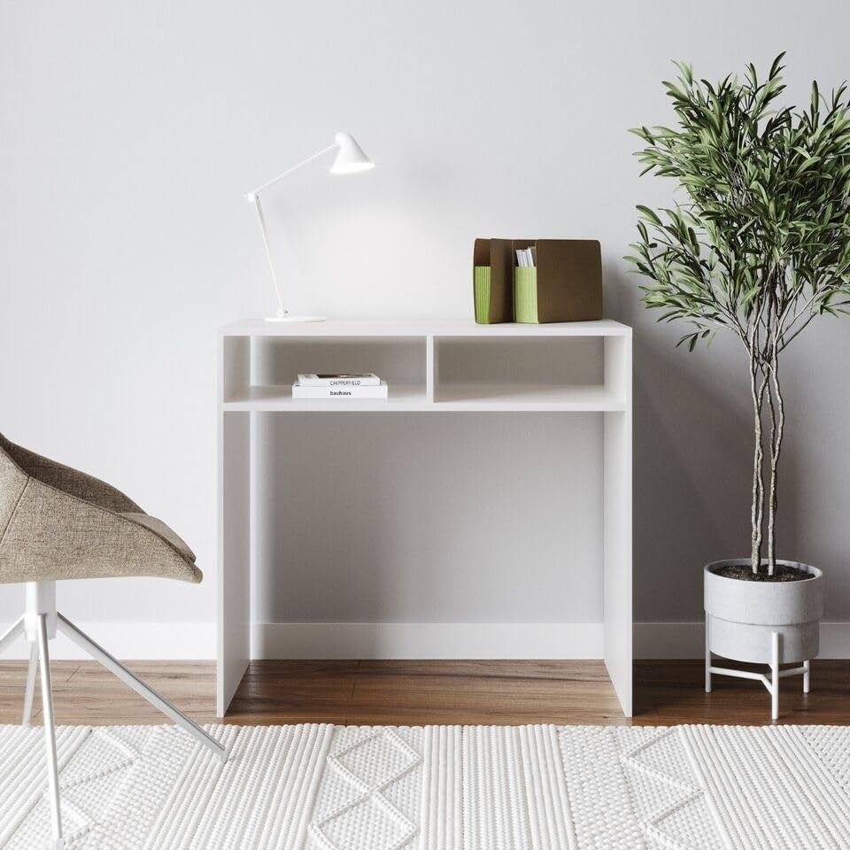 Compact Wood Console Table 80x40x75cm | Slim Desk with Storage Shelves