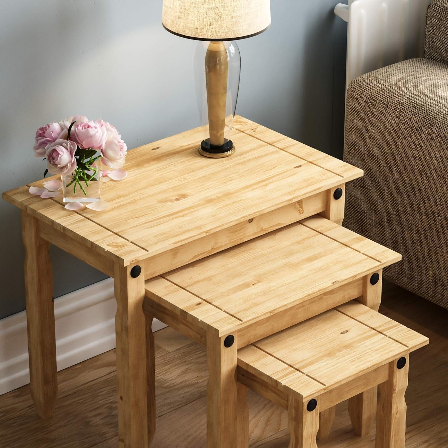 3x Pine Nest of Tables Set Solid Wood Distressed Wax Finish Side End Coffee
