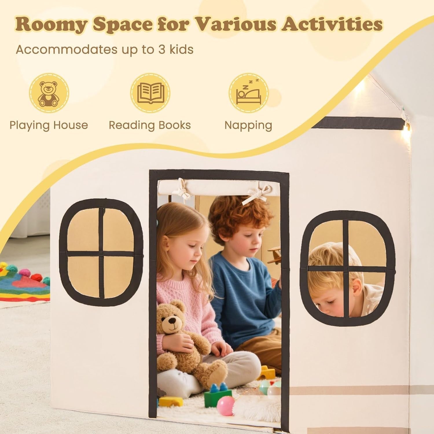 Kids Indoor Castle Tent w Star Lights Plush Mat Windows Storage