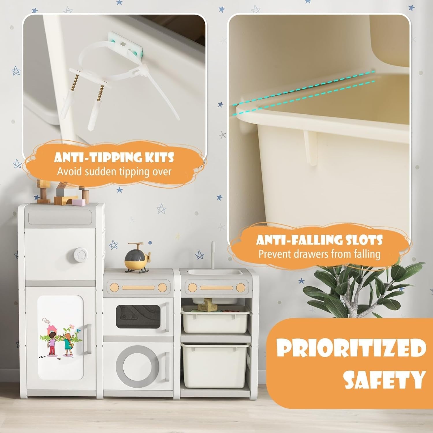 Kids Toy Storage Unit with Cabinets & Whiteboard Play Kitchen Shelf 116cm