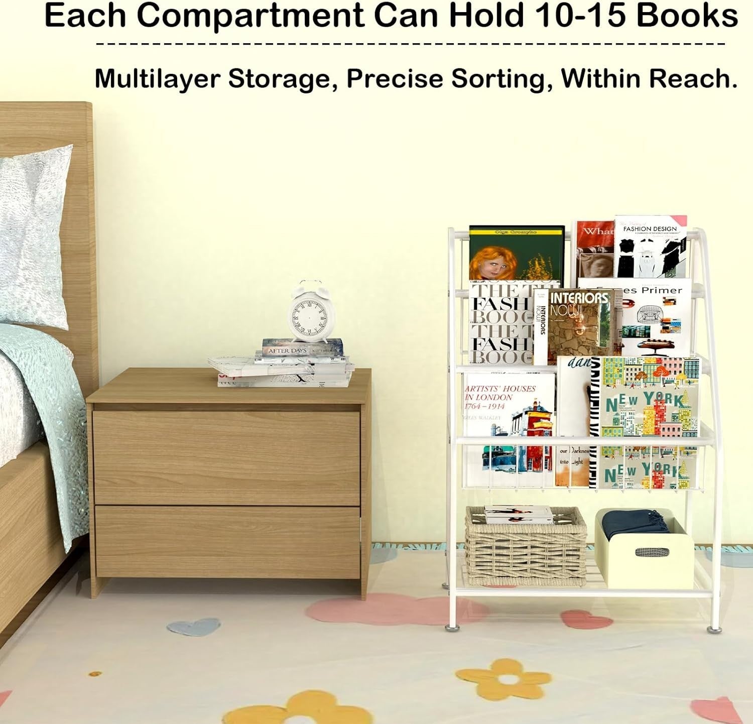 Kids Leaning Bookshelf & Toy Storage Rack – Durable Metal, Space Saving, White