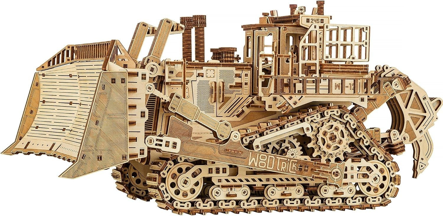 1715pc Wooden Bulldozer Model Kit Mechanical 3D Puzzle Moving Tracks