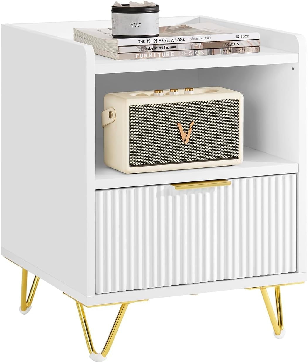 White Bedside Table with Drawer & Shelf – Modern Gold Leg Nightstand