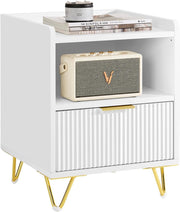 White Bedside Table with Drawer & Shelf – Modern Gold Leg Nightstand