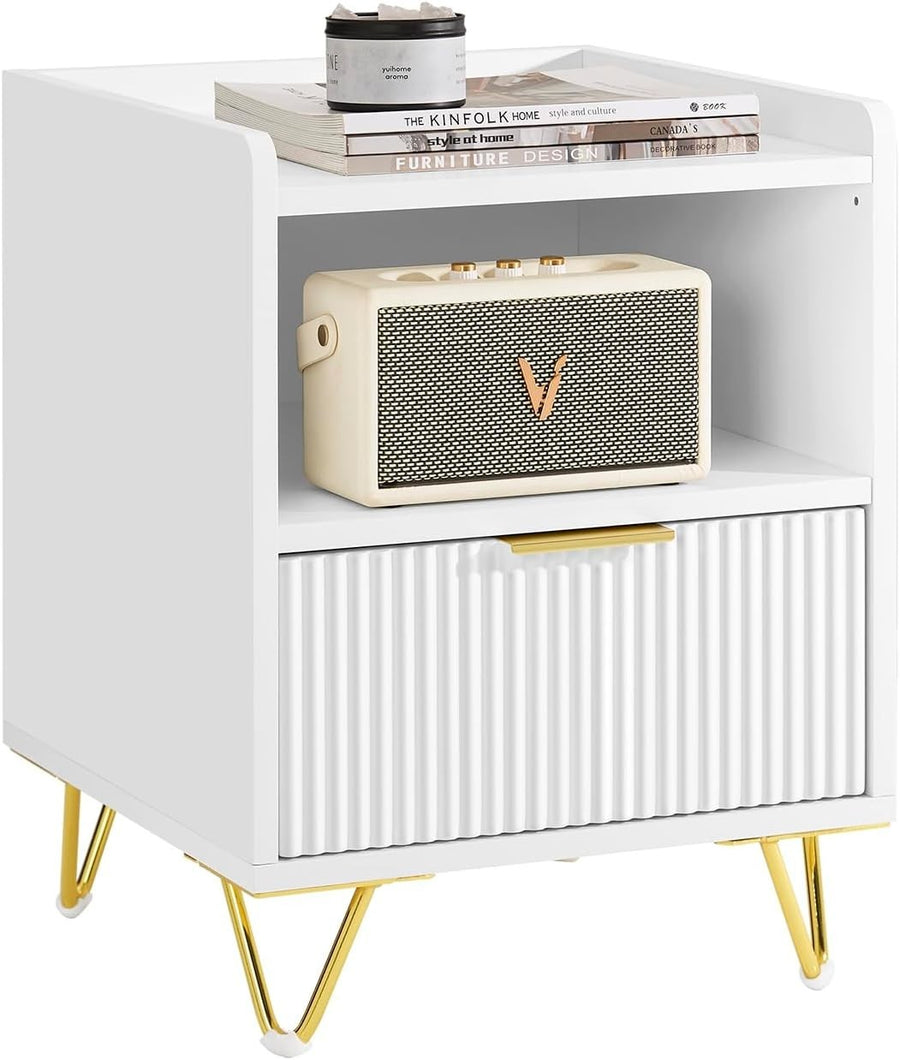 White Bedside Table with Drawer & Shelf – Modern Gold Leg Nightstand