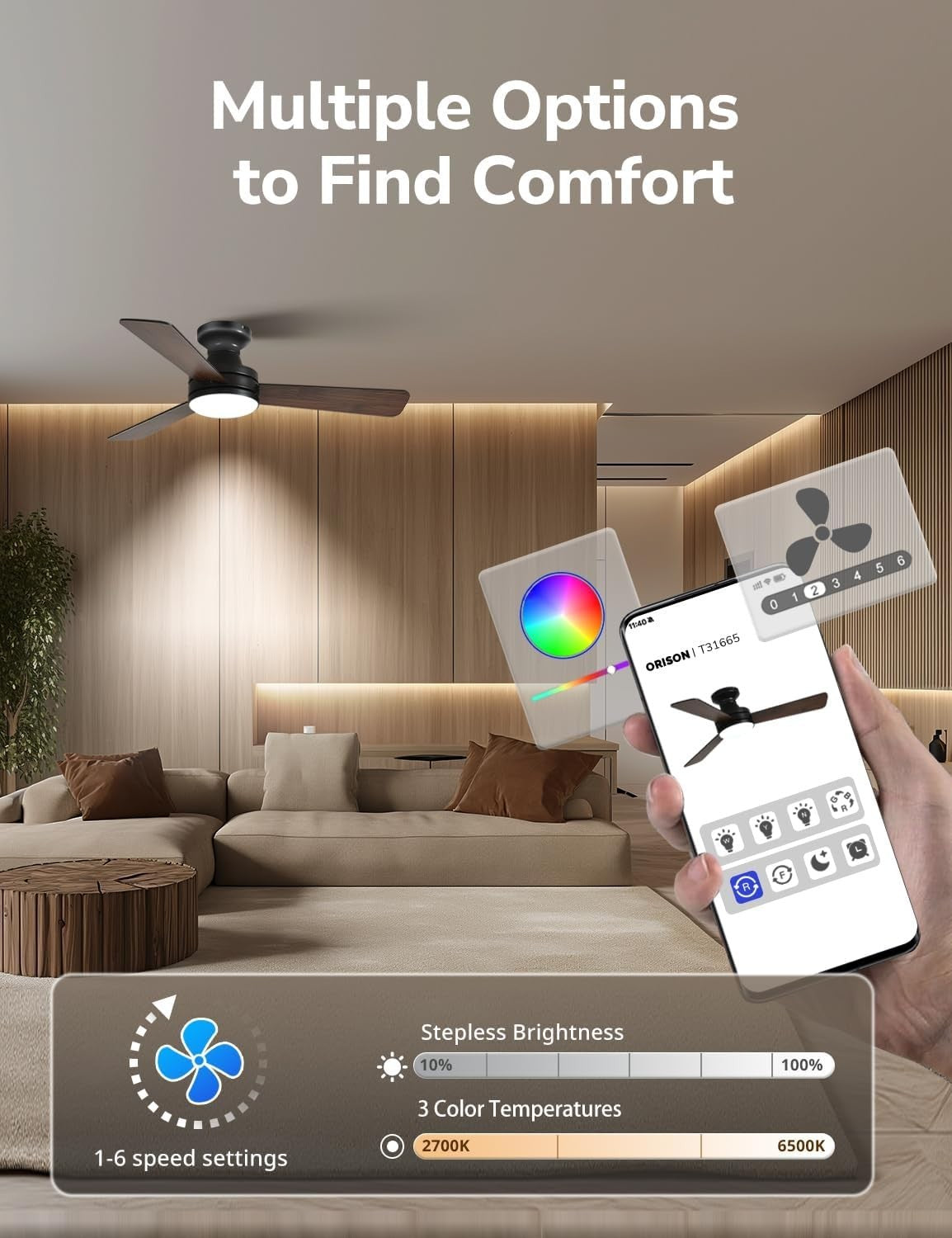 Orison 42"" Ceiling Fan with Lights, RGB Backlight, 6 Speeds, App & Remote
