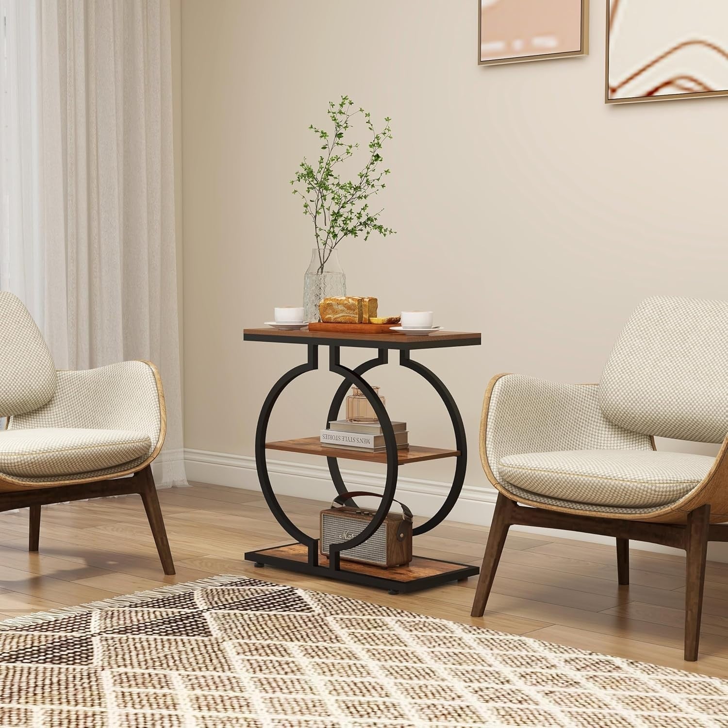 3-Tier Round End Table with Geometric Metal Base, Rustic Brown 30x60x65cm