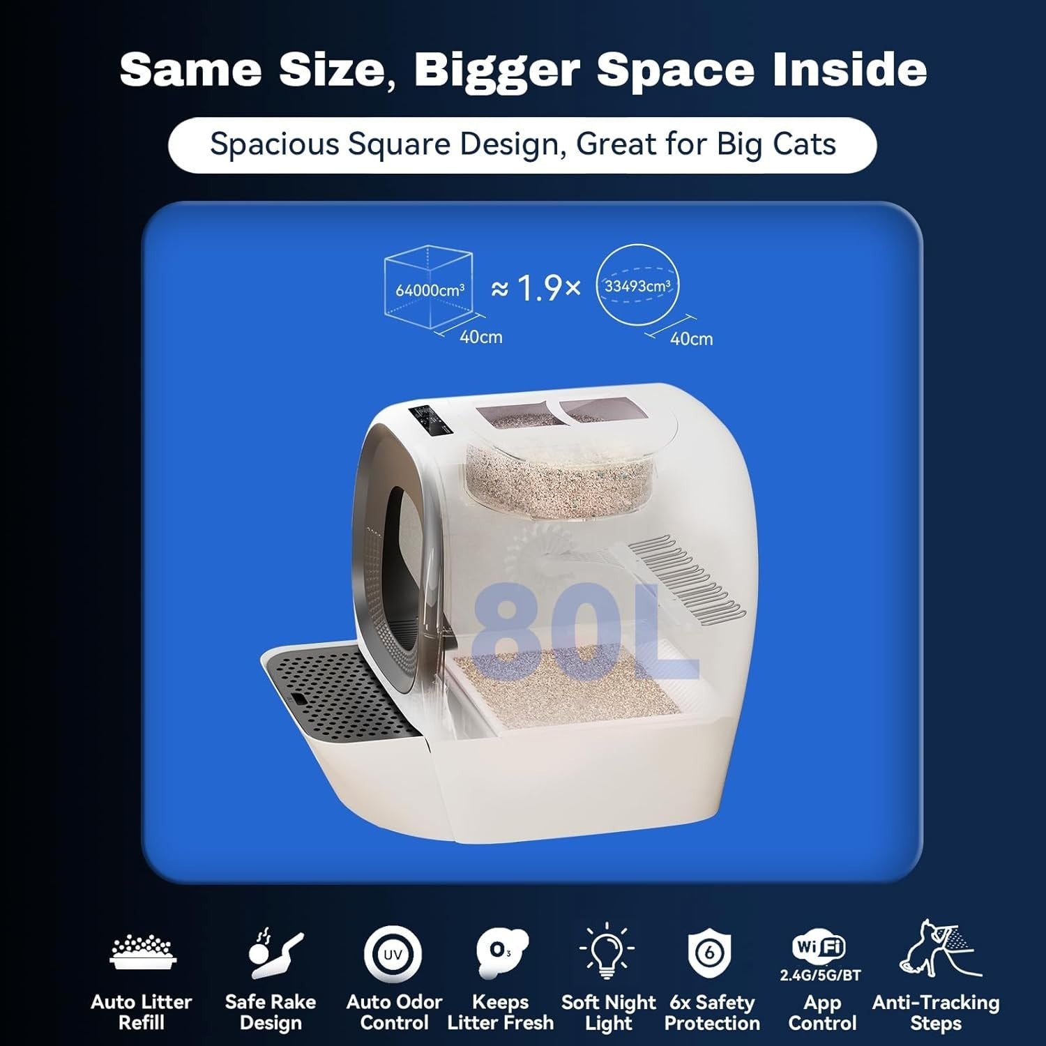 80L Self Cleaning Cat Litter Box Auto Refill 5G WiFi Multi Cat
