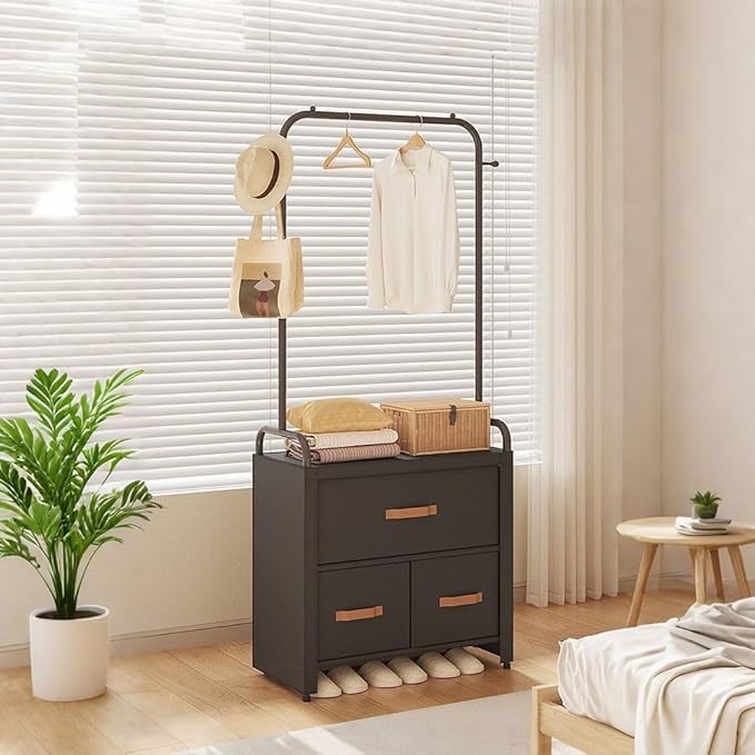 Black Freestanding Wardrobe with Drawers & Dust Cover – Modern Bedroom Storage
