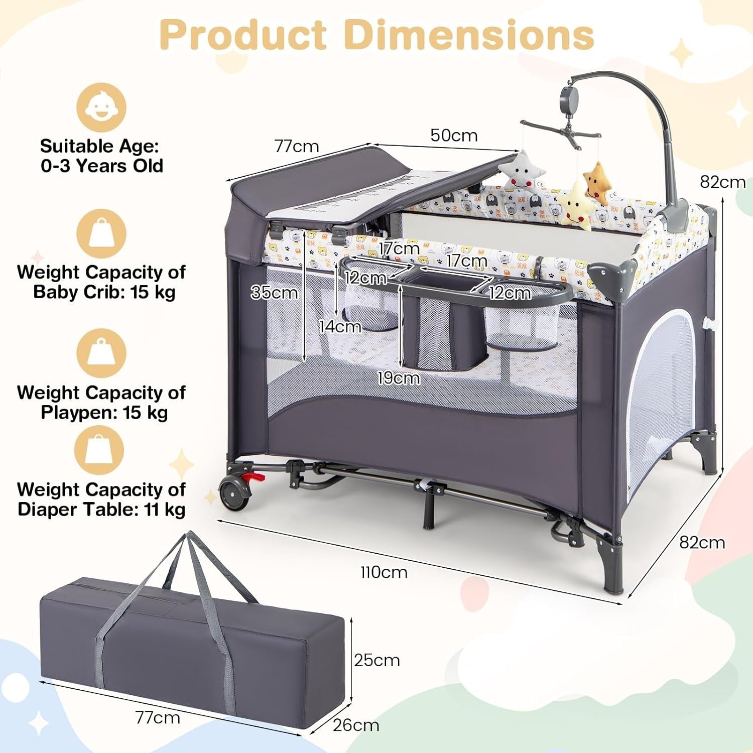 5in1 Travel Cot Baby Bedside Foldable Crib Bassinet Portable Playard White Grey