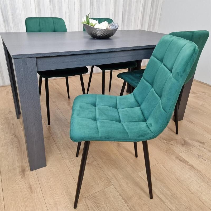 Dark Wood Dining Table Set with 4 Green Velvet Chairs Kitchen Furniture