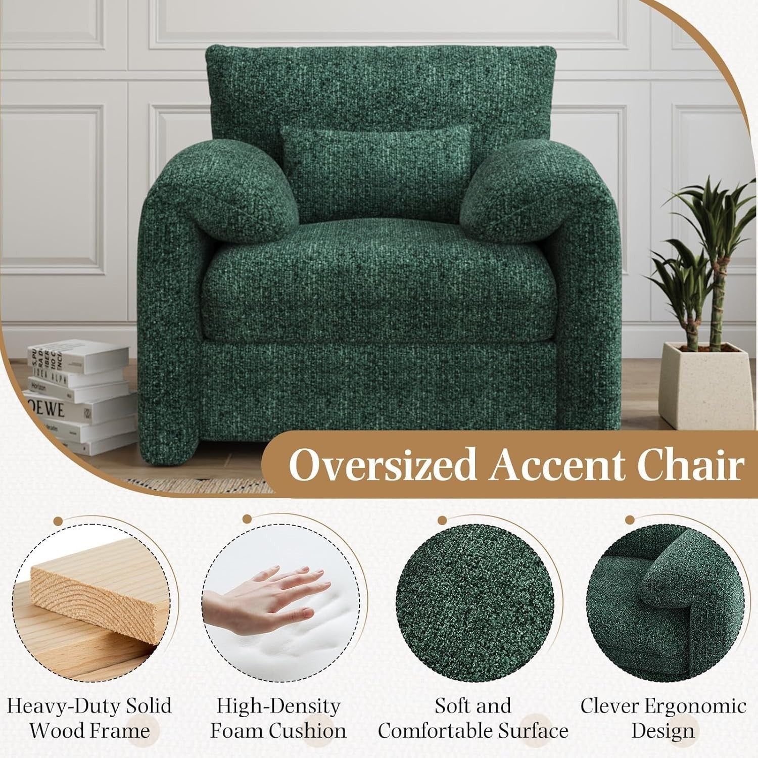Large Green Velvet Armchair Sofa Chair High Back + Lumbar Support