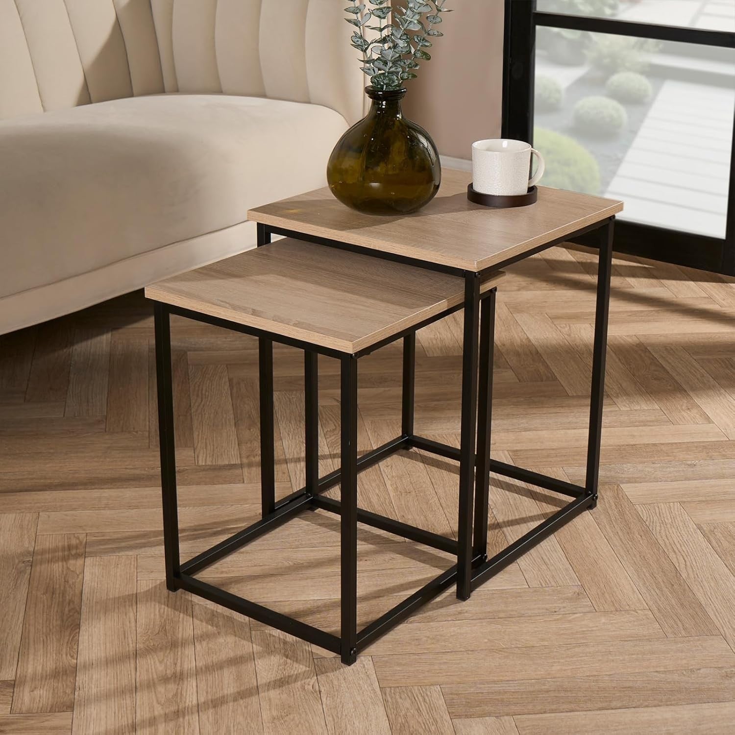 Nesting Side Tables Set 2 Wood/Black Metal Frame Rustic Modern Lamp Coffee