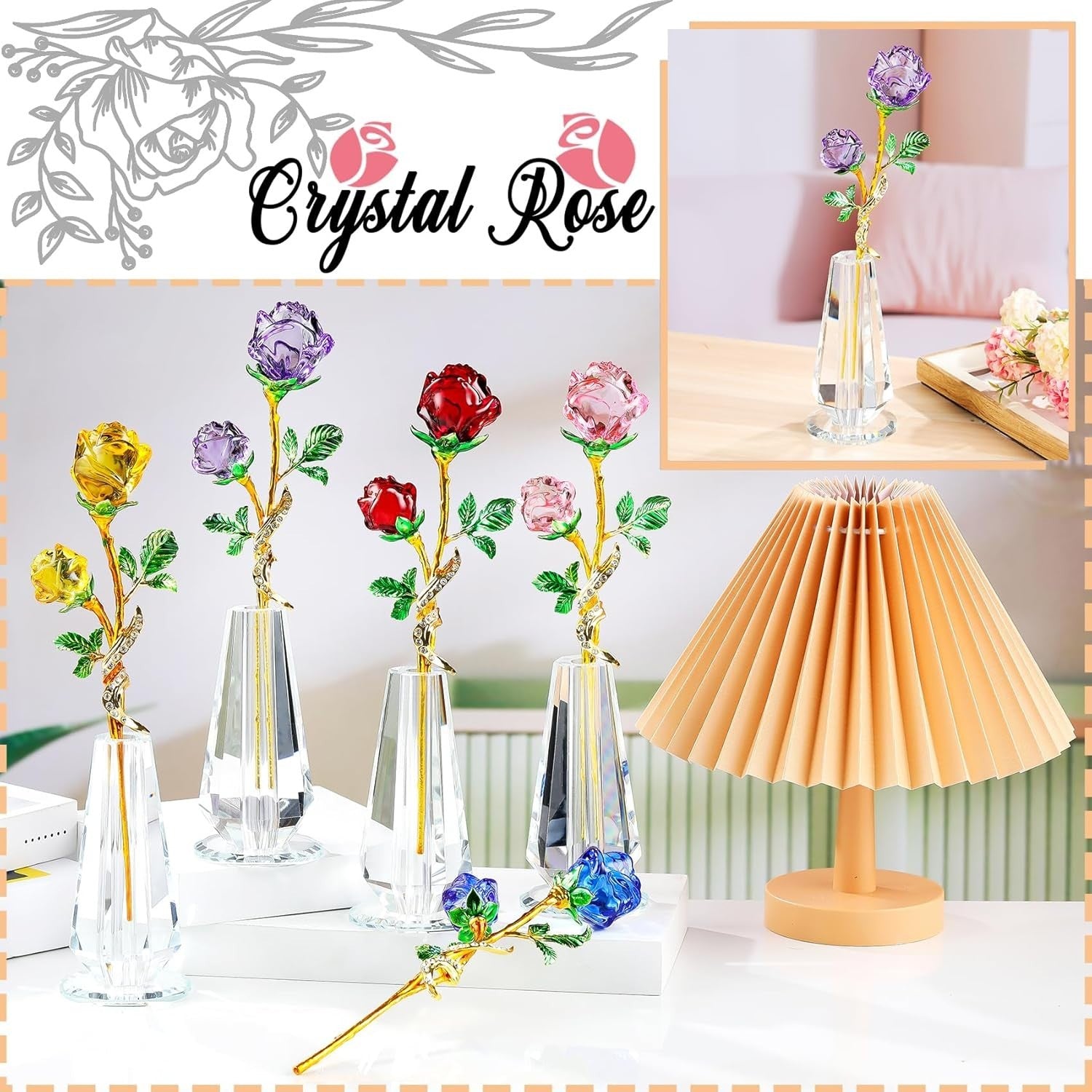 Crystal Purple Rose Ornament with Vase – Luxury Glass Flower Gift for Her Decor