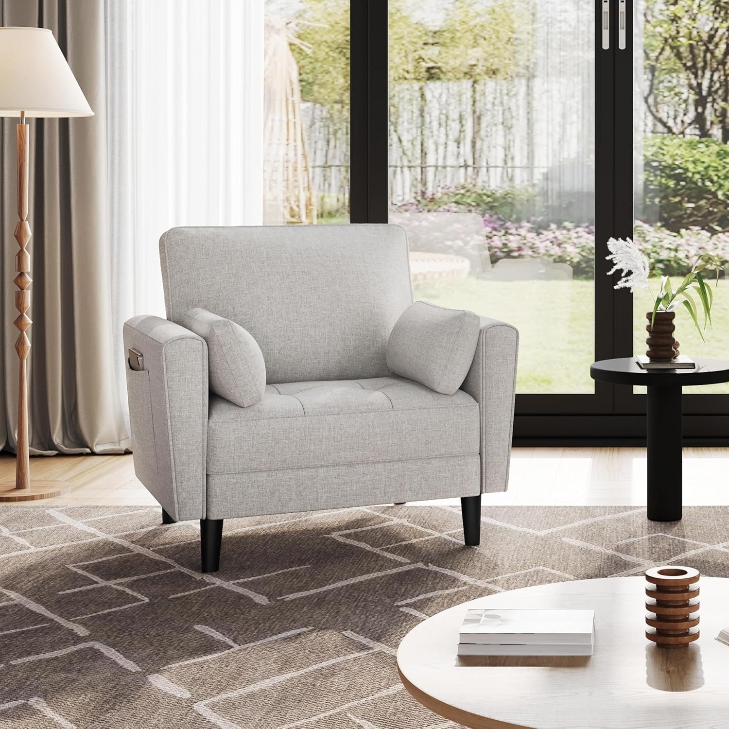 Grey Fabric Tub Chair Oversized Accent Armchair with Pillows & Storage