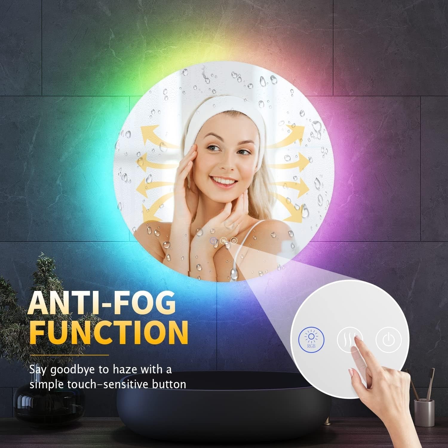Round LED Bathroom Mirror 60cm RGB Color Change Anti-Fog Touch Control
