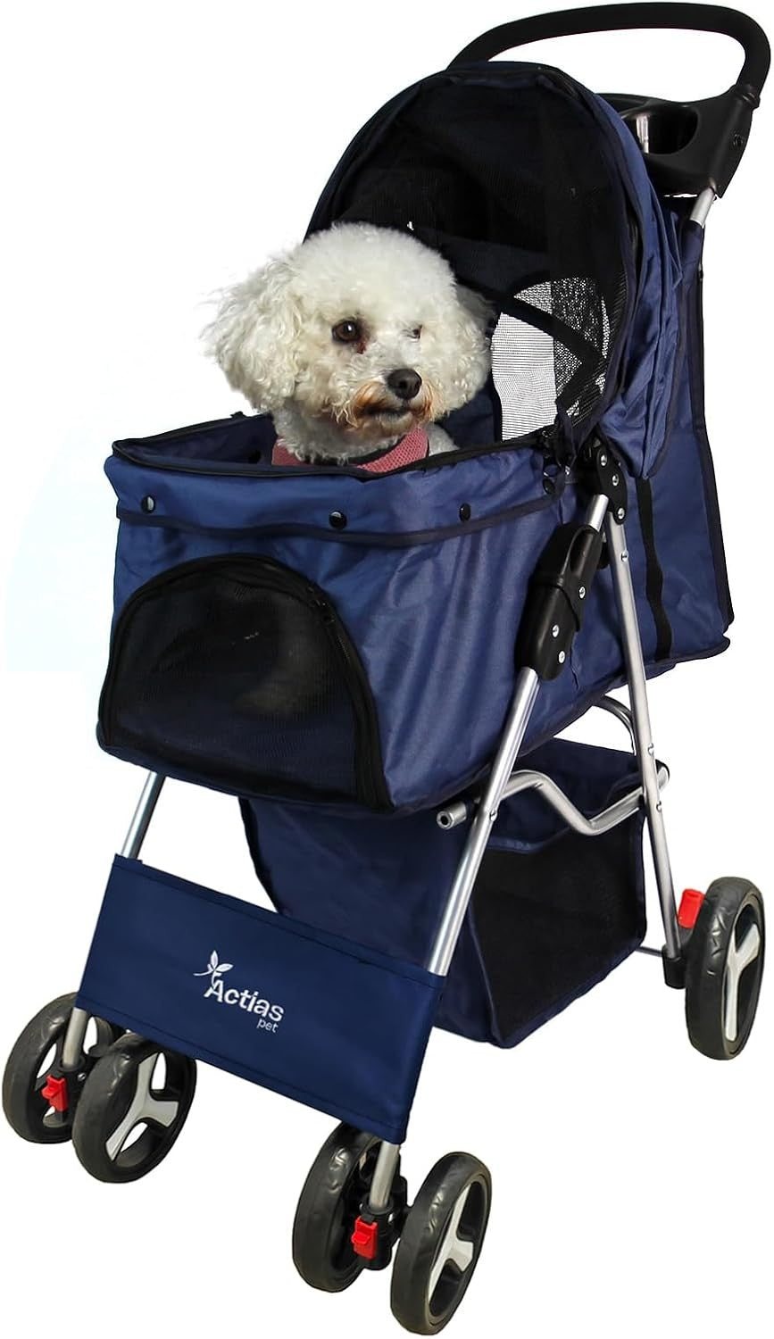 Pet Travel Stroller Dog Cat Pushchair Foldable Swivel Wheels 15kg Navy Blue