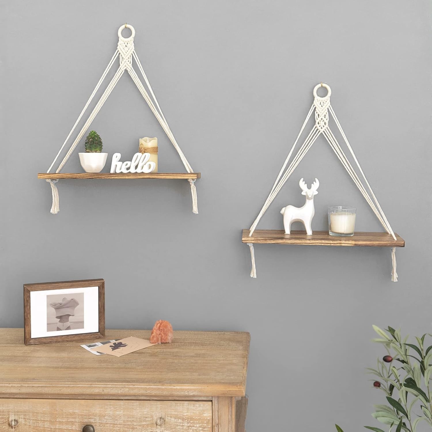 Boho Macrame Hanging Shelves Set of 2 Wood Floating Wall Decor