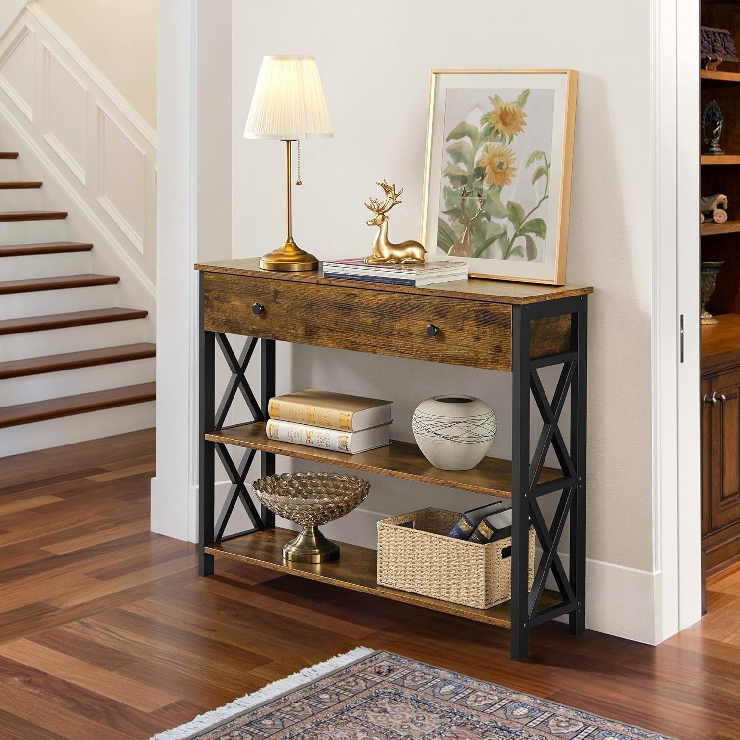Rustic Console Table with Drawer & 2 Shelves, Sturdy Metal Frame, 100x29.5x81cm