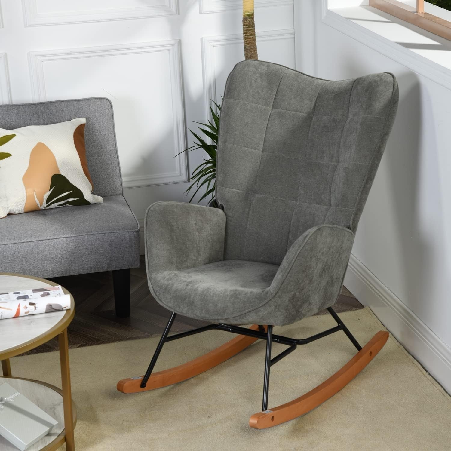 Grey Rocking Chair for Nursery w/ High Back, Fabric Seat & Wood Base