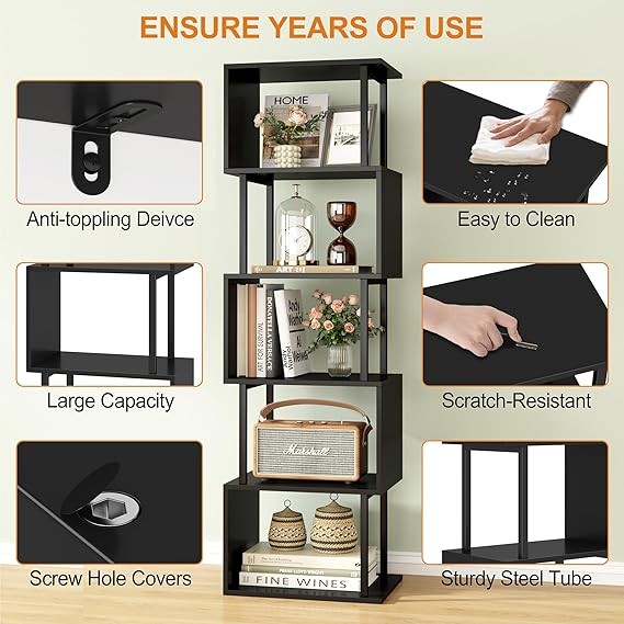 Modern S-Shaped 6 Tier Display Shelf Bookcase | Gold Frame White Storage Rack